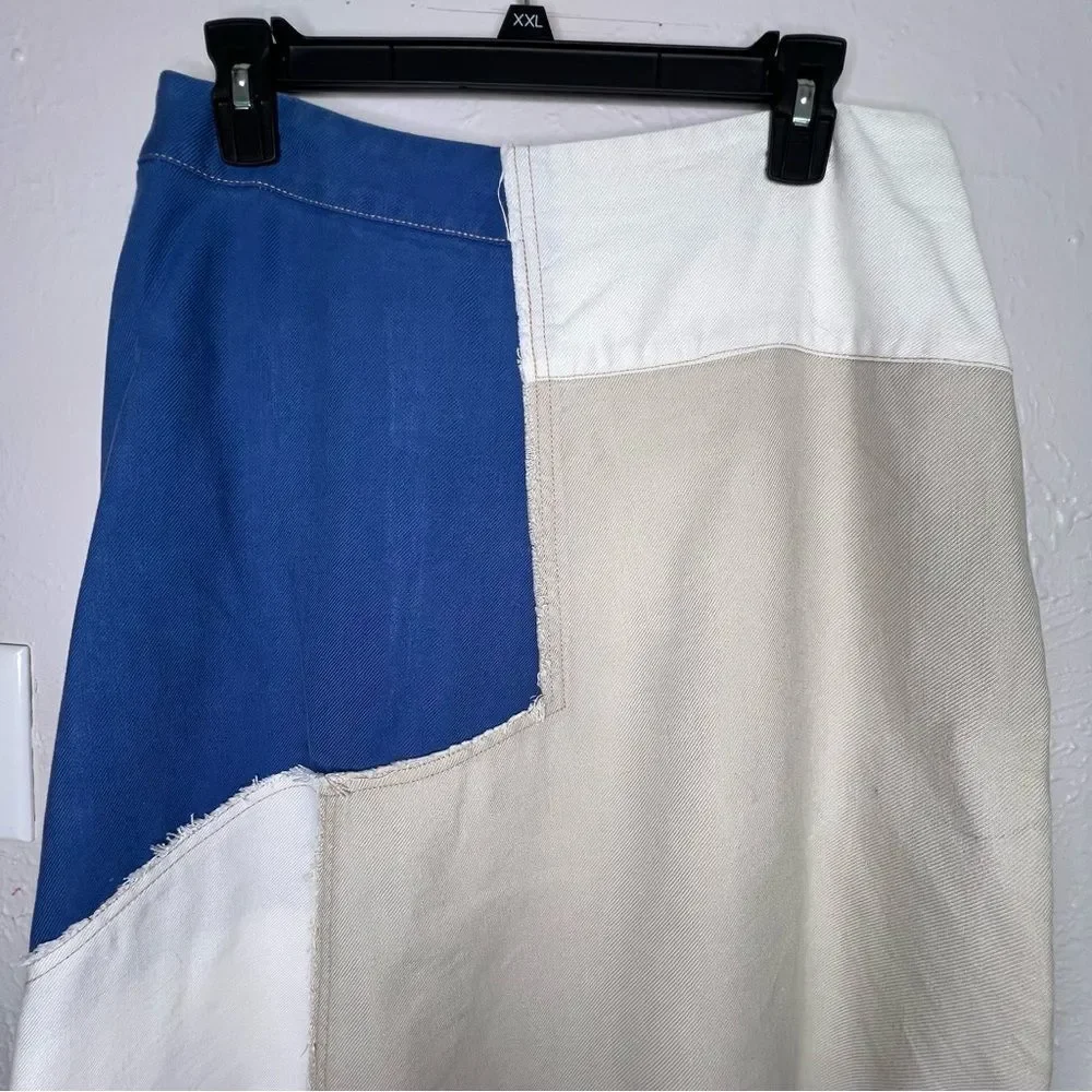 Anthropologie Holding Horses Frida Patchwork Asymmetric White, Blue Skirt Sz 8